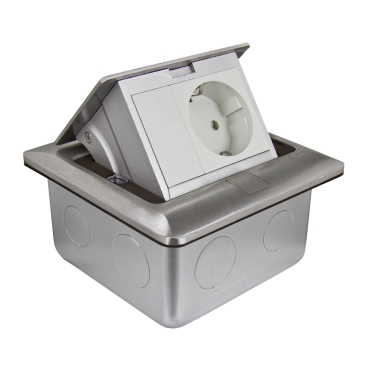 Doza pardoseala popup+doza protectie, metal, IP44, rectangulara, echipata cu priza 2m 2P+E si obturator 1m Doza pardoseala popup+doza protectie, metal, IP44, rectangulara, echipata cu priza 2m 2P+E si obturator 1m