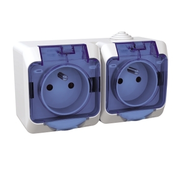 Cedar Plus - double socket outlet pinE - 16A, shutters, transparent lid, white